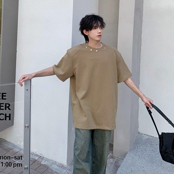 2024 Summer Cotton Tee Rivet Detailing Men Khaki - Image 3