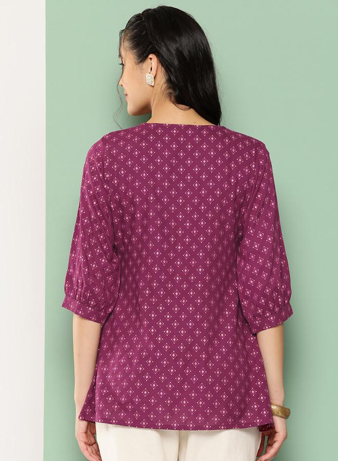 لباس كورتا مطبوع بياقة على شكل حرف  وأزرار - Image 3