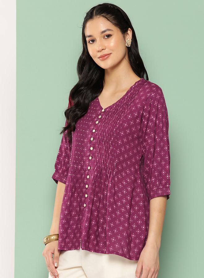 لباس كورتا مطبوع بياقة على شكل حرف  وأزرار - Image 2