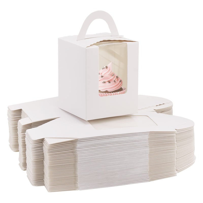 acDesign 100Pcs Cupcake Boxes With Window 36in36in43in Cupcake Carrier Individual With Handle and Inserts for Wedding Bakery Wrapping Party Favor PackingWhite