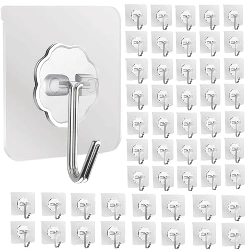 DDMY Hooks for Hanging, 50 Pack Wall Hooks 50lb(Max) Transparent Reusable Waterproof Adhesive Hook for Kitchen Curtain, Towel Hook for Bathrooms, Heavy Duty Self Coat Hook for Walls No Damage - Image 1