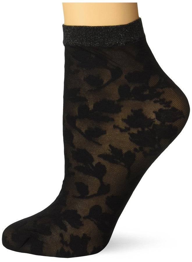 Pretty Polly Women's Floral Ankle Highs - sheer ankle sock with floral lace and glitter band, Black (Black Mix), One Size - Image 1