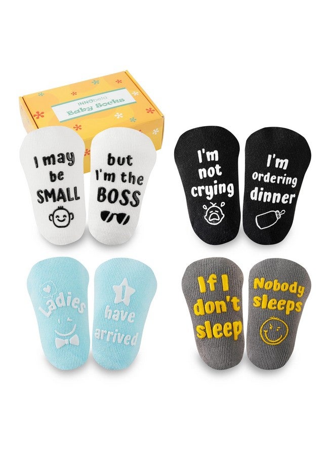 InnoBeta Baby Socks Set with Funny Quotes (4 Pairs) Newborn/Infant Socks for Baby Shower, Gender Reveal 3-12 Months, Baby Boy - Image 1