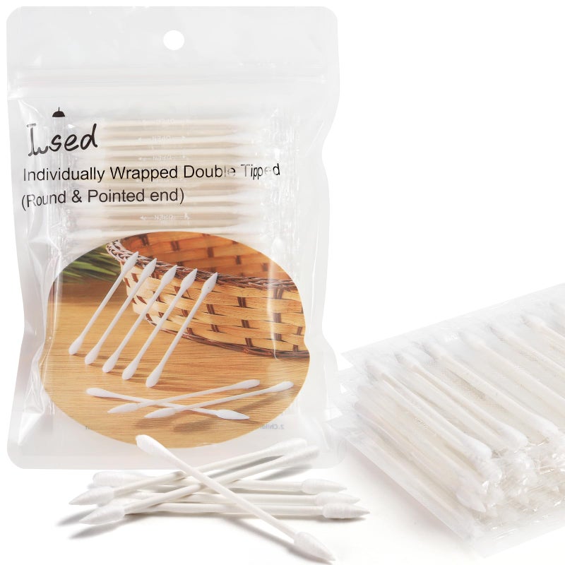Lsed 100 Pack Cotton Swabs Individually Wrapped Organic Biodegradable Double Tipped Cotton Tips for Ear Beauty Care Cleaning Makeup Round Pointed Shape Cotton Heads