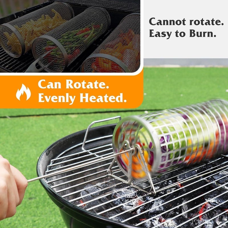 Luckam Rolling Grilling Basket, BBQ Grill Basket, Rolling Grilling Baskets For Outdoor Grilling, Perfect For Vegetables, Fruit, Fries, Multifunctional Round Barbecue Cooking Accessory, 1 Pcs - Image 2