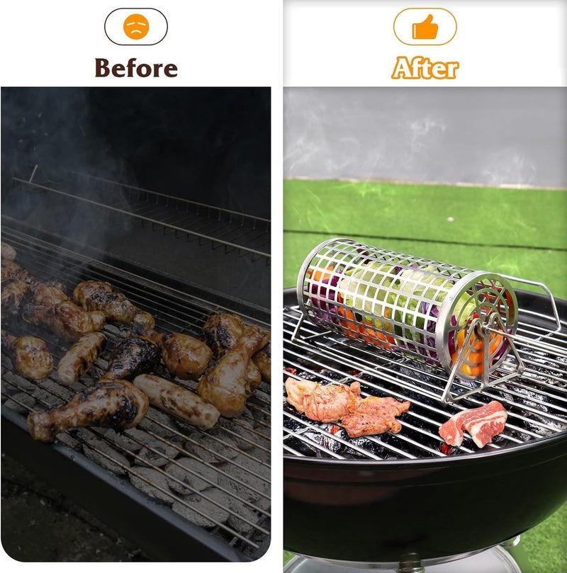 Luckam Rolling Grilling Basket, BBQ Grill Basket, Rolling Grilling Baskets For Outdoor Grilling, Perfect For Vegetables, Fruit, Fries, Multifunctional Round Barbecue Cooking Accessory, 1 Pcs - Image 3
