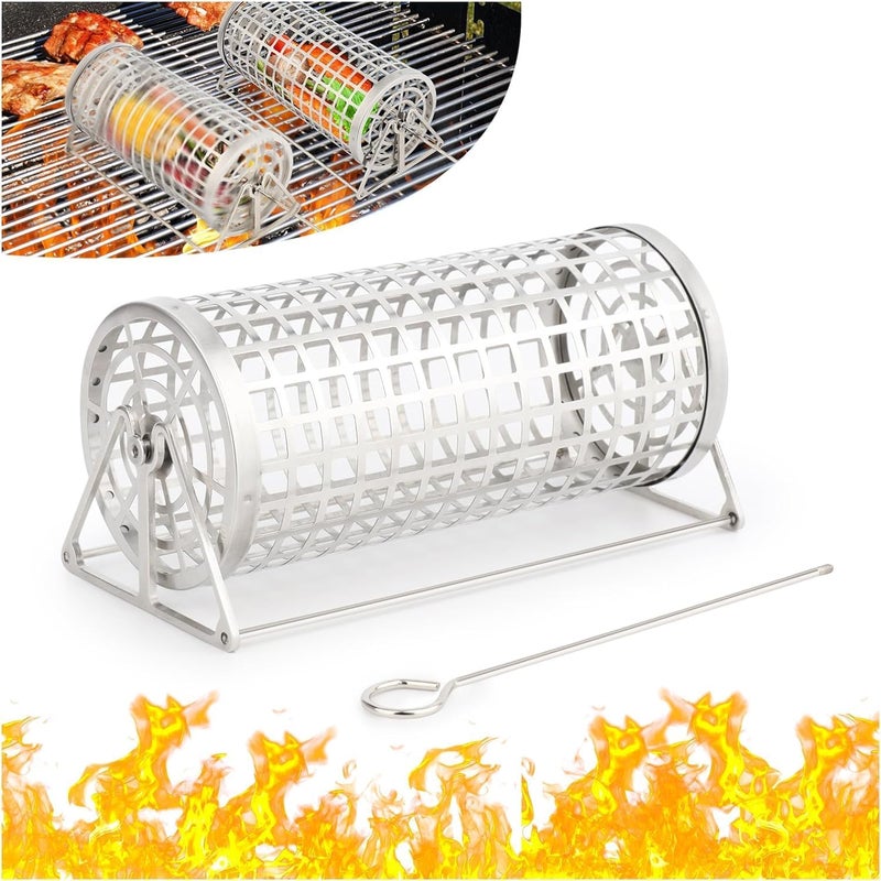 Luckam Rolling Grilling Basket, BBQ Grill Basket, Rolling Grilling Baskets For Outdoor Grilling, Perfect For Vegetables, Fruit, Fries, Multifunctional Round Barbecue Cooking Accessory, 1 Pcs - Image 1