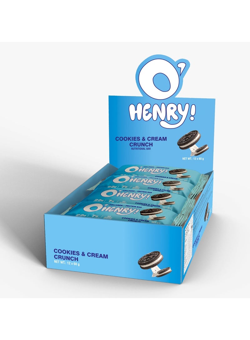 O'HENRY NUTRITION Collagen + Protein Bar - Cookies & Cream Crunch, No Added Sugar, 22g Protein, Pack of 12 (60g Each) - Image 1