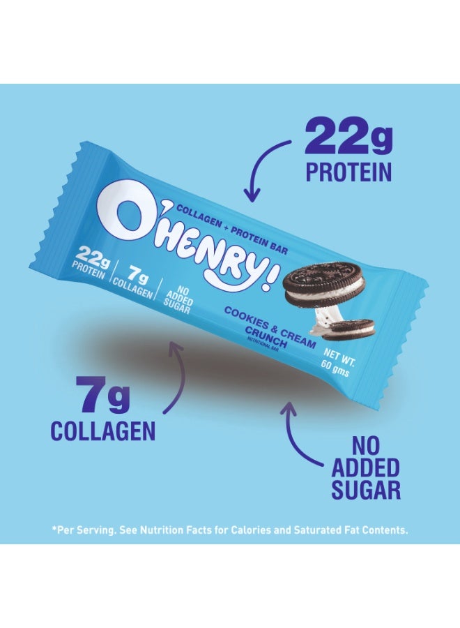 O'HENRY NUTRITION Collagen + Protein Bar - Cookies & Cream Crunch, No Added Sugar, 22g Protein, Pack of 12 (60g Each) - Image 4