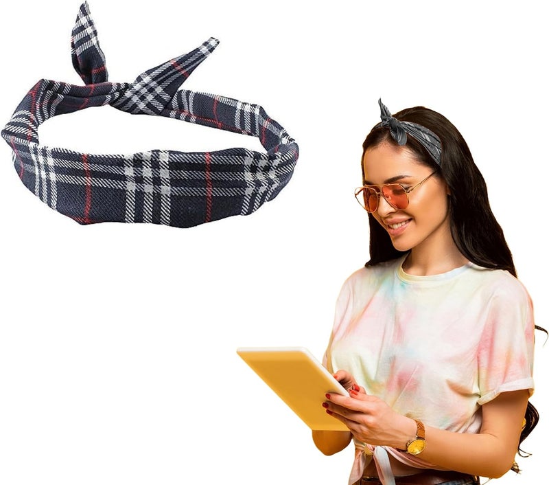 Lizzy Wired Hair Headband Retro Rockabilly Adjustable Plain Printed Wire Headbands Hair Accessory Head Wrap Vintage Various Colour Designs Tartan Blue One Size
