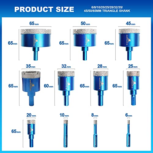 BRSCHNITT Diamond Core Drill Bit Set - BRSCHNITT Hole Saw Kit for Porcelain Tile Ceramic Marble Granite Drilling, 11pcs Bits with Triangle Shank（6/8/10/20/25/28/32/35/45/50/65mm）, KIT3, BDB54911405R103 - Image 2