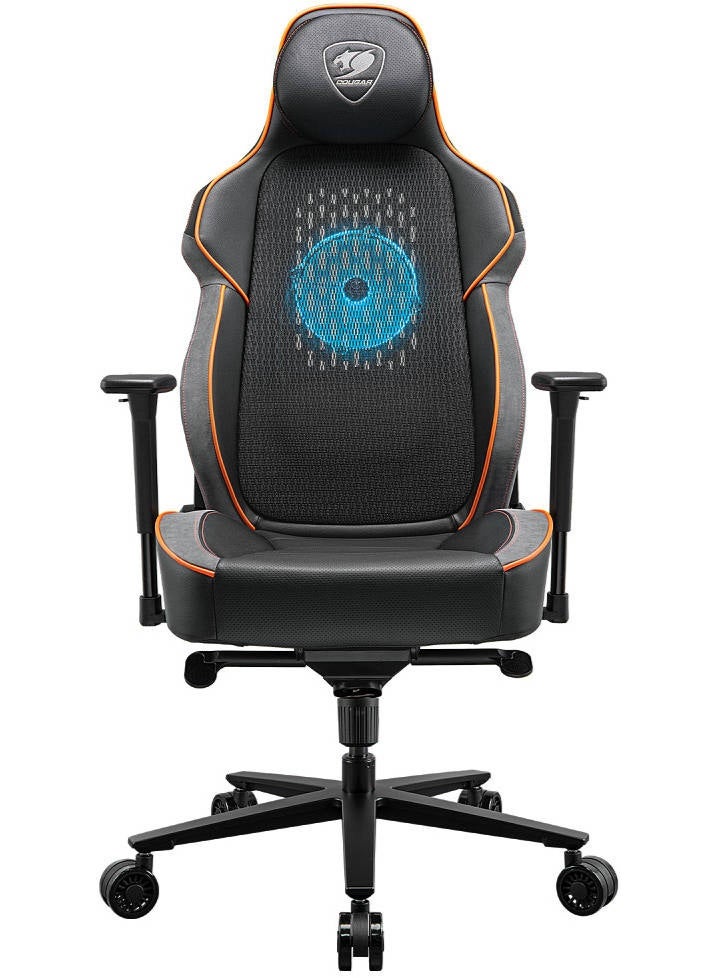 كوجار كرسي الألعاب Cougar NxSys Aero – أسود وبرتقالي، مروحة RGB مدمجة، جلد PVC فاخر، مساند يد قابلة للتعديل 3D، ظهر شبكي، إطار فولاذي، عجلات 3 إنش، يدعم حتى 160 كجم | 3MARPORB.0001 - Image 2