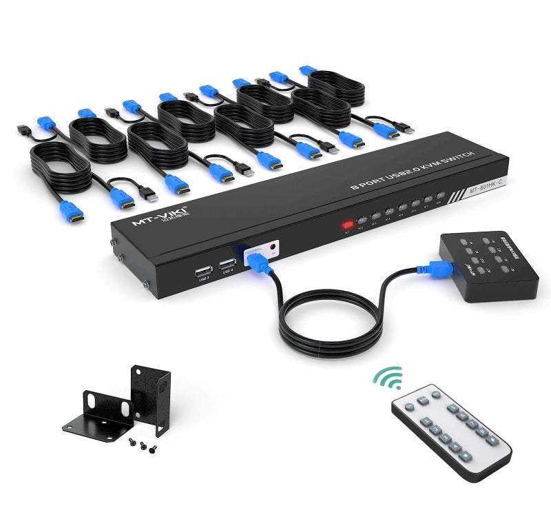 MT-VIKI 8 Port KVM Switch HDMI, 4K@30Hz 1U Rack Mount KVM Switch w/IR Remote & Wire-Desktop Controller & 8 HDMI KVM Cables & Rack Ears & Power Adapter - Image 1