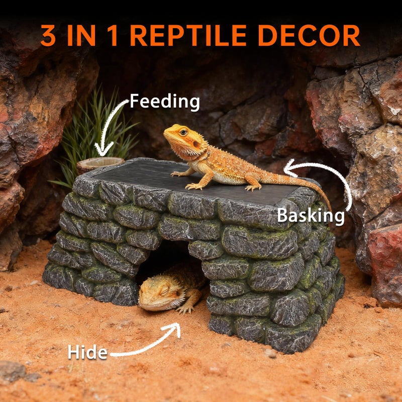 REPTITRIP 3 in 1 Bearded Dragon Basking Platform, Reptile Habitat Cave Hideout with Food Bowl, Aquarium & Terrarium Decor Accessories for Lizard Snake Gecko Turtle - Image 2