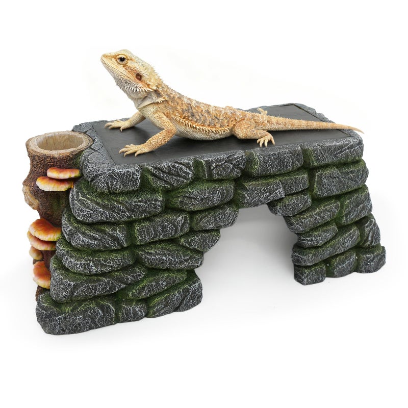 REPTITRIP 3 in 1 Bearded Dragon Basking Platform, Reptile Habitat Cave Hideout with Food Bowl, Aquarium & Terrarium Decor Accessories for Lizard Snake Gecko Turtle - Image 1