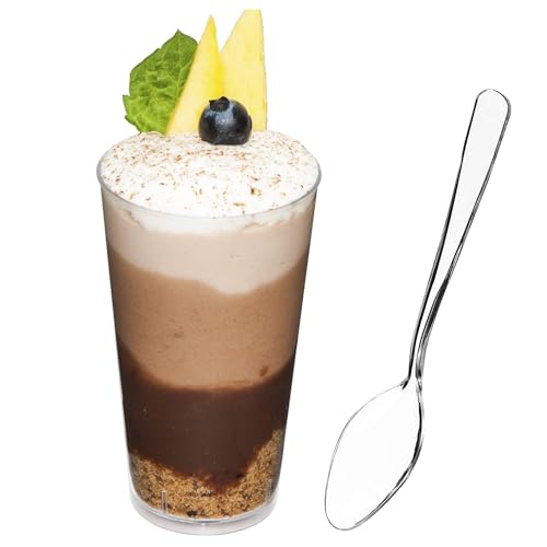 DLux 100 x 3 oz Mini Dessert Cups with Spoons, Shooter - Clear Plastic Parfait Appetizer Cup - Small Reusable Shooter Glass for Tasting Party Shooters Desserts Appetizers - With Recipe Ebook - Image 1