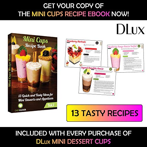 DLux 100 x 3 oz Mini Dessert Cups with Spoons, Shooter - Clear Plastic Parfait Appetizer Cup - Small Reusable Shooter Glass for Tasting Party Shooters Desserts Appetizers - With Recipe Ebook - Image 3