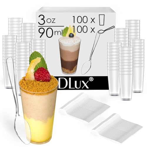 DLux 100 x 3 oz Mini Dessert Cups with Spoons, Shooter - Clear Plastic Parfait Appetizer Cup - Small Reusable Shooter Glass for Tasting Party Shooters Desserts Appetizers - With Recipe Ebook - Image 2