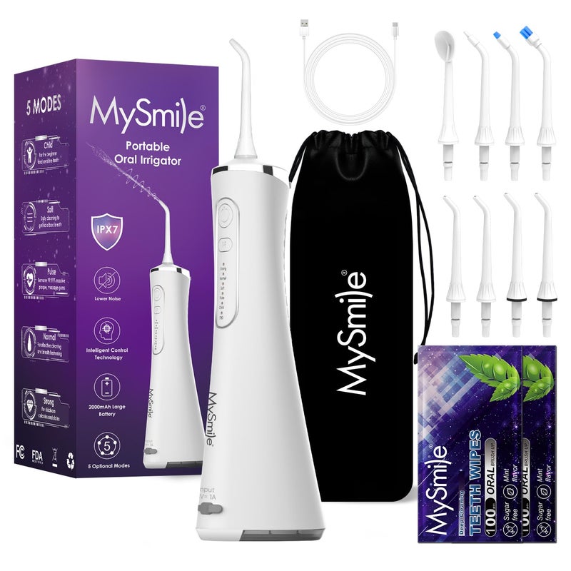 MySmile جهاز تنظيف الأسنان بالماء MySmile LP211 بدون سلك، 5 أوضاع، جهاز ري فم محمول، 260 مل من الماء لتنظيف الأسنان الحساسة، مقاوم للماء IPX7، قابل للشحن للسفر مع 2 مناديل للأسنان - Image 1
