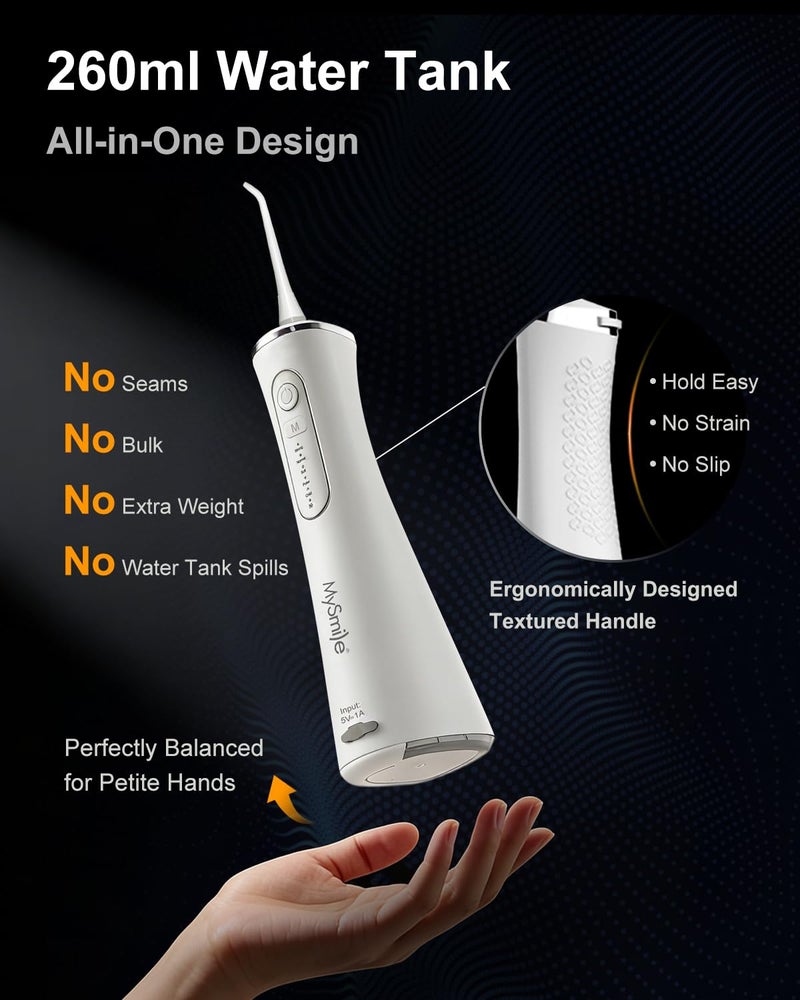 MySmile جهاز تنظيف الأسنان بالماء MySmile LP211 بدون سلك، 5 أوضاع، جهاز ري فم محمول، 260 مل من الماء لتنظيف الأسنان الحساسة، مقاوم للماء IPX7، قابل للشحن للسفر مع 2 مناديل للأسنان - Image 5