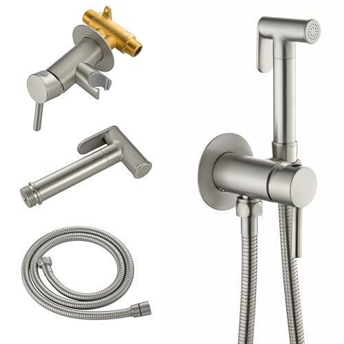 SHAMANDA Warm Water Bidet Sprayer for Toilet with Hot and Cold Brass Roughin Valve Stainless Steel Round Handheld Bidet Attachment Set for Feminine Pets and Baby Diaper Wash Brushed Nickel - Image 1