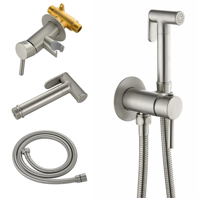 SHAMANDA Warm Water Bidet Sprayer for Toilet with Hot and Cold Brass Roughin Valve Stainless Steel Round Handheld Bidet Attachment Set for Feminine Pets and Baby Diaper Wash Brushed Nickel - Image 2