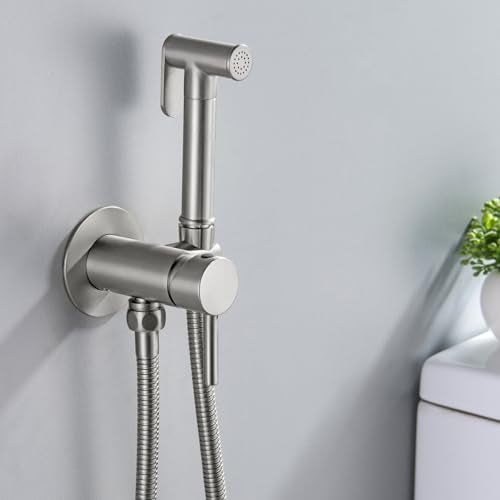 SHAMANDA Warm Water Bidet Sprayer for Toilet with Hot and Cold Brass Roughin Valve Stainless Steel Round Handheld Bidet Attachment Set for Feminine Pets and Baby Diaper Wash Brushed Nickel - Image 3