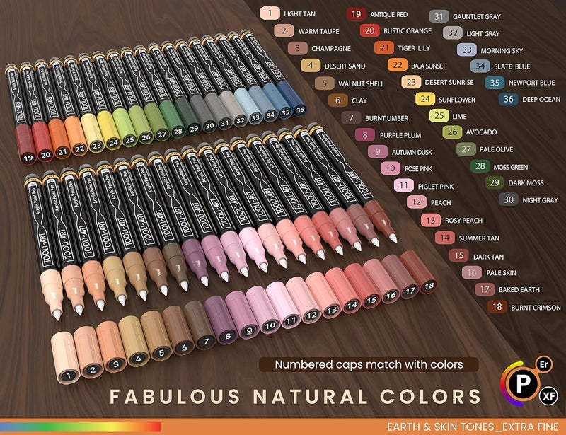 تولي-آرت مجموعة من ٣٦ قلمًا أكريليك بألوان البشرة والأرضيات الطبيعية، مناسبة للرسم على الصخور، والقماش، والأكواب، والزجاج، والبلاستيك، والخشب، والمعادن، والأقمشة، وقصاصات الجدران، ومعظم الأسطح. سريعة الجفاف، أساسها مائي (ناعم جدًا). - Image 5