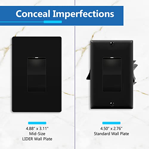 LIDER Decorator Wall Plate, Temperature and Impact Resistant UL Listed, Polycarbonate Thermoplastic, Matte Finish, Screwless Switch Cover for Modern Decoration, Mid-Size 1-Gang 4.88" x 3.11", Black - Image 4