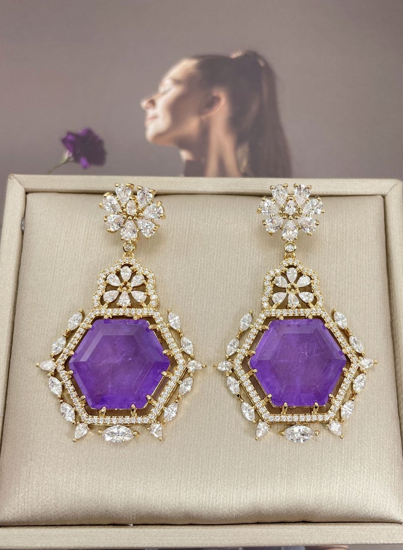 Generic 925 Sterling Silver Zirconia Rhinestones Purple Hexagon Dangle Earrings for Women and Girls Fashion Comes with a Gift Box Everyday Jewelry - Image 2