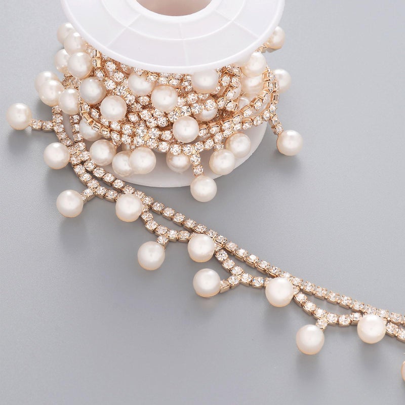 Jerler 1 Yard Pearl Tassel Rhinestone Trim Inlaid Pearl Beaded Chain Crystal Applique Ideal for DIY and Wedding Party Decoration Bridal Embellishments 08 Width Tassels Pearl