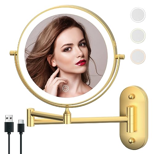 MIROAMZ Rechargeable Wall Mounted Lighted Makeup Vanity Mirror 9 Inch Double Sided 1X 10X Magnifying Bathroom Mirror, 3 Color Lighting, Touch Screen Dimming, 360 Rotation Shaving Mirror Gold - Image 1