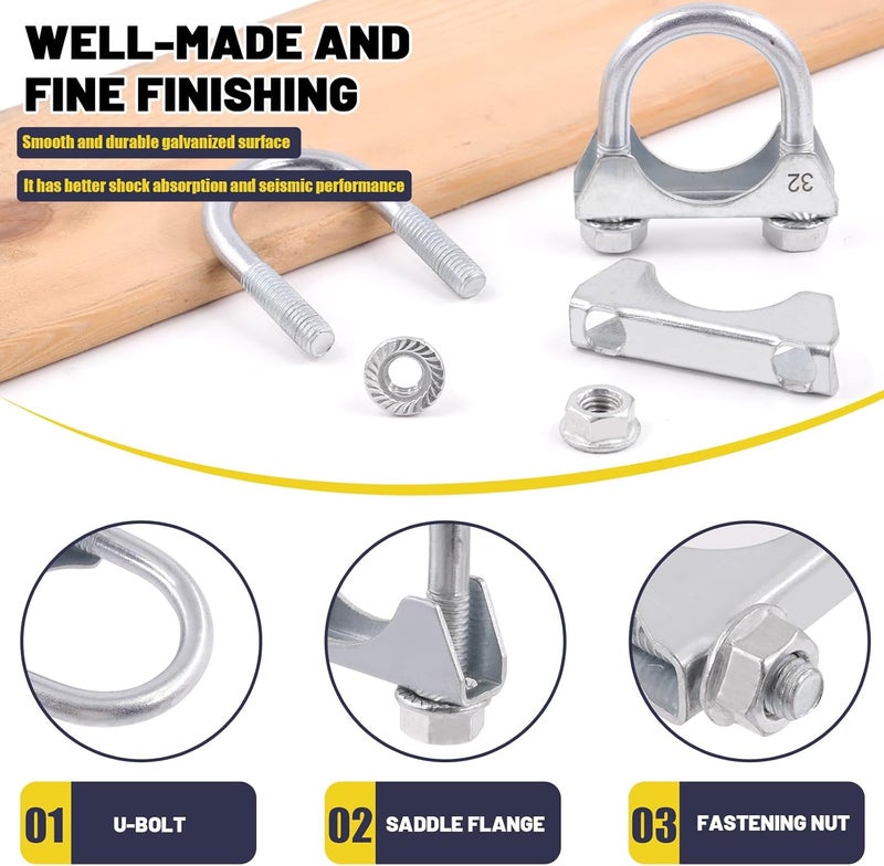 Mardatt 2Pcs 1-2/5"(35mm) Exhaust U Clamps, U Bolt Saddle Muffler Clips, Silver Steel, Industrial, 0.685" Depth - Image 3
