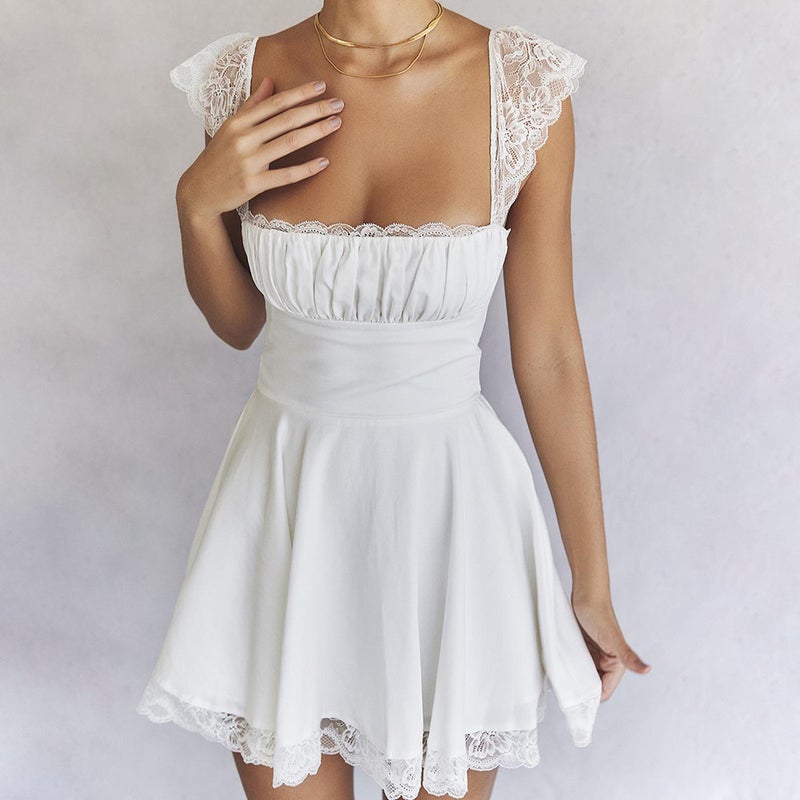 European and American Fashion Women's New Lace Lace Square Collar Slip Skirt Slim-fit Backless White French dress Women - Image 3