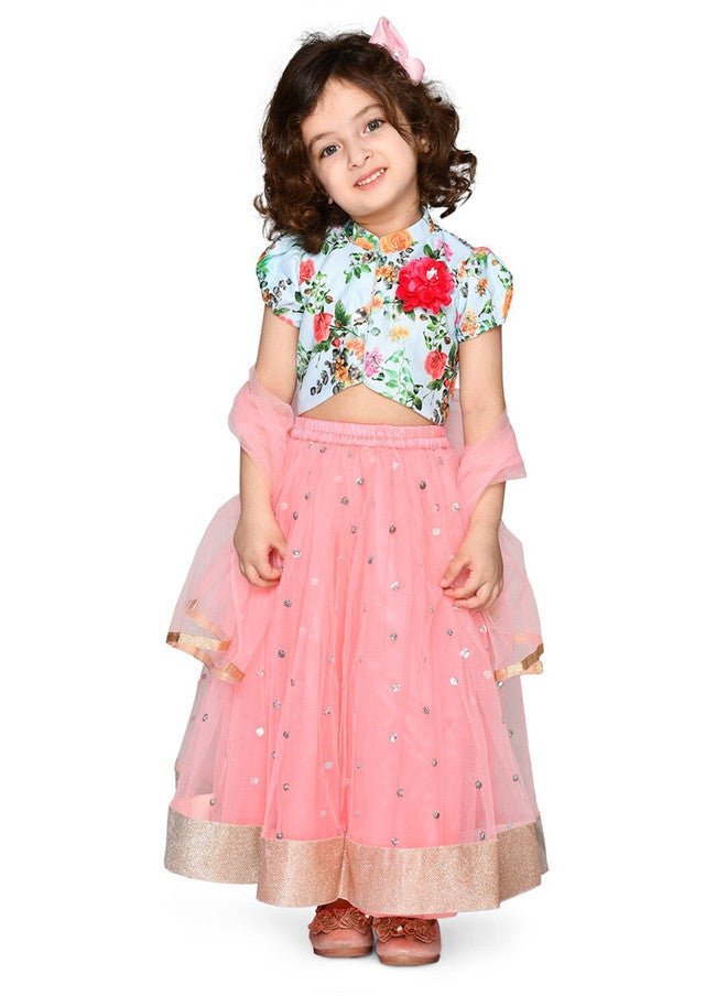 Saka Designs Girls Blue & Pink Sequinned Lehenga With Dupatta - Image 1