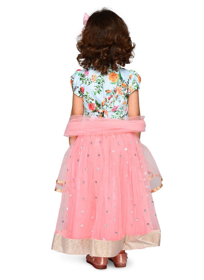 Saka Designs Girls Blue & Pink Sequinned Lehenga With Dupatta - Image 4