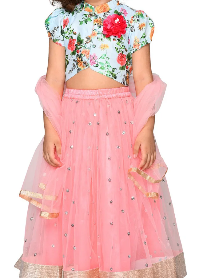 Saka Designs Girls Blue & Pink Sequinned Lehenga With Dupatta