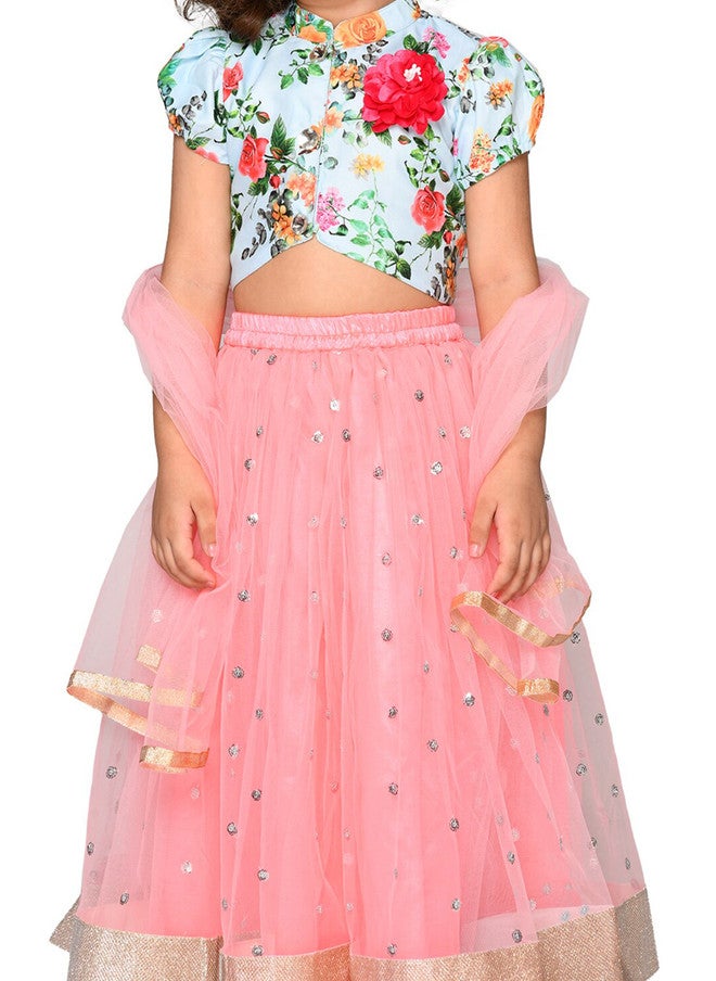 Saka Designs Girls Blue & Pink Sequinned Lehenga With Dupatta - Image 2