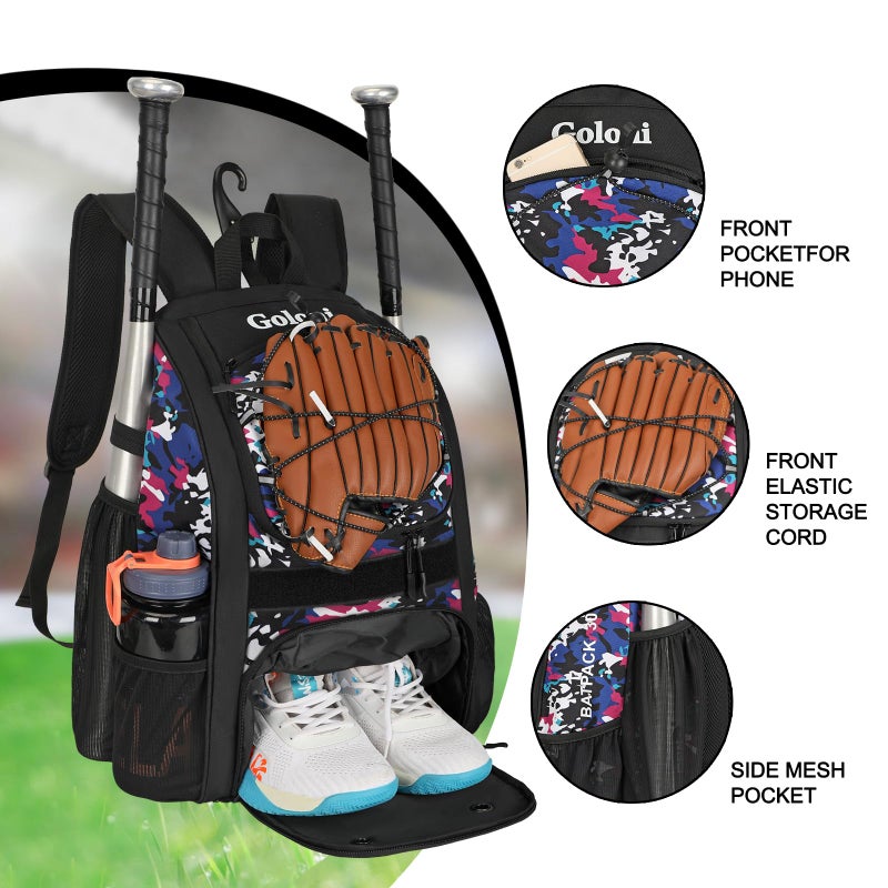 Goloni Youth Baseball Bag,Baseball Backpack with Shoes Compartment,Softball Bag with Fence Hook for T-Ball Bat & Equipment, for Batting Mitten, Helmet - Image 4