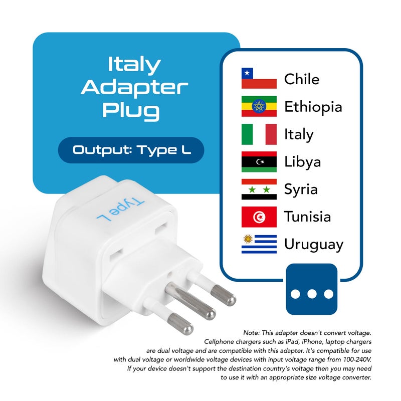 Ceptics Italy Power Adapter, Type L plug adapter, Universal Travel Adapter Chile, Italy travel adapter plug perfect for Rome, Lybia, Tunisia, Uruguay, GP-12A - White (3 Pack) - Image 2