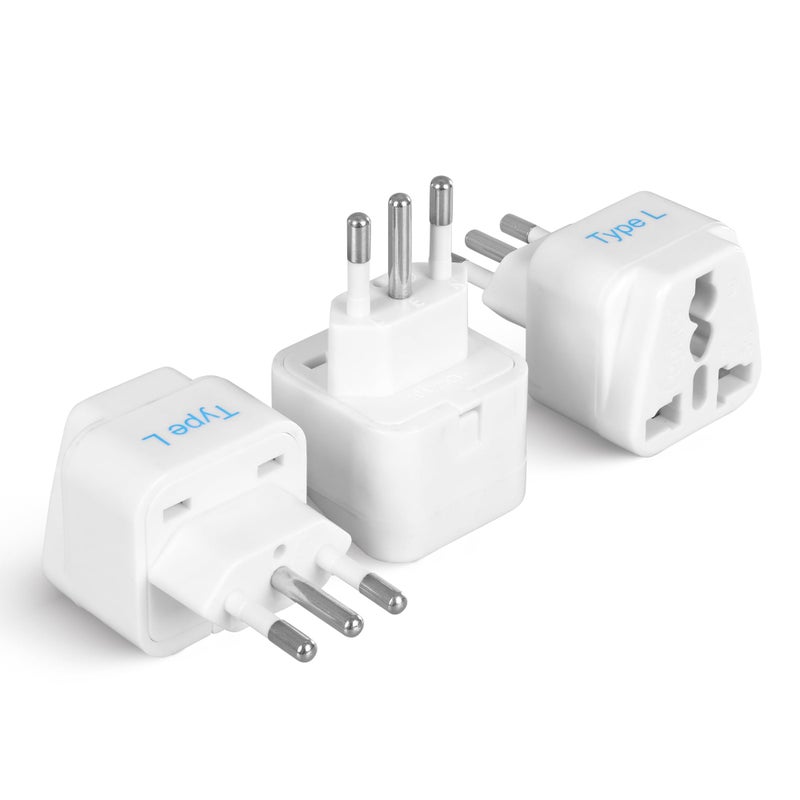 Ceptics Italy Power Adapter, Type L plug adapter, Universal Travel Adapter Chile, Italy travel adapter plug perfect for Rome, Lybia, Tunisia, Uruguay, GP-12A - White (3 Pack) - Image 1