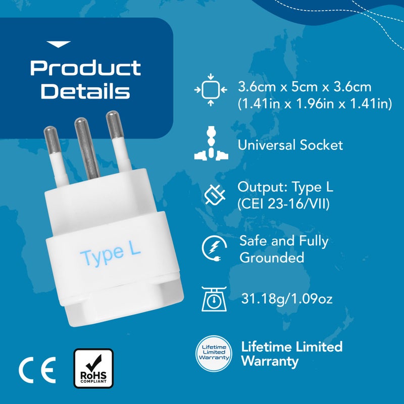 Ceptics Italy Power Adapter, Type L plug adapter, Universal Travel Adapter Chile, Italy travel adapter plug perfect for Rome, Lybia, Tunisia, Uruguay, GP-12A - White (3 Pack) - Image 4