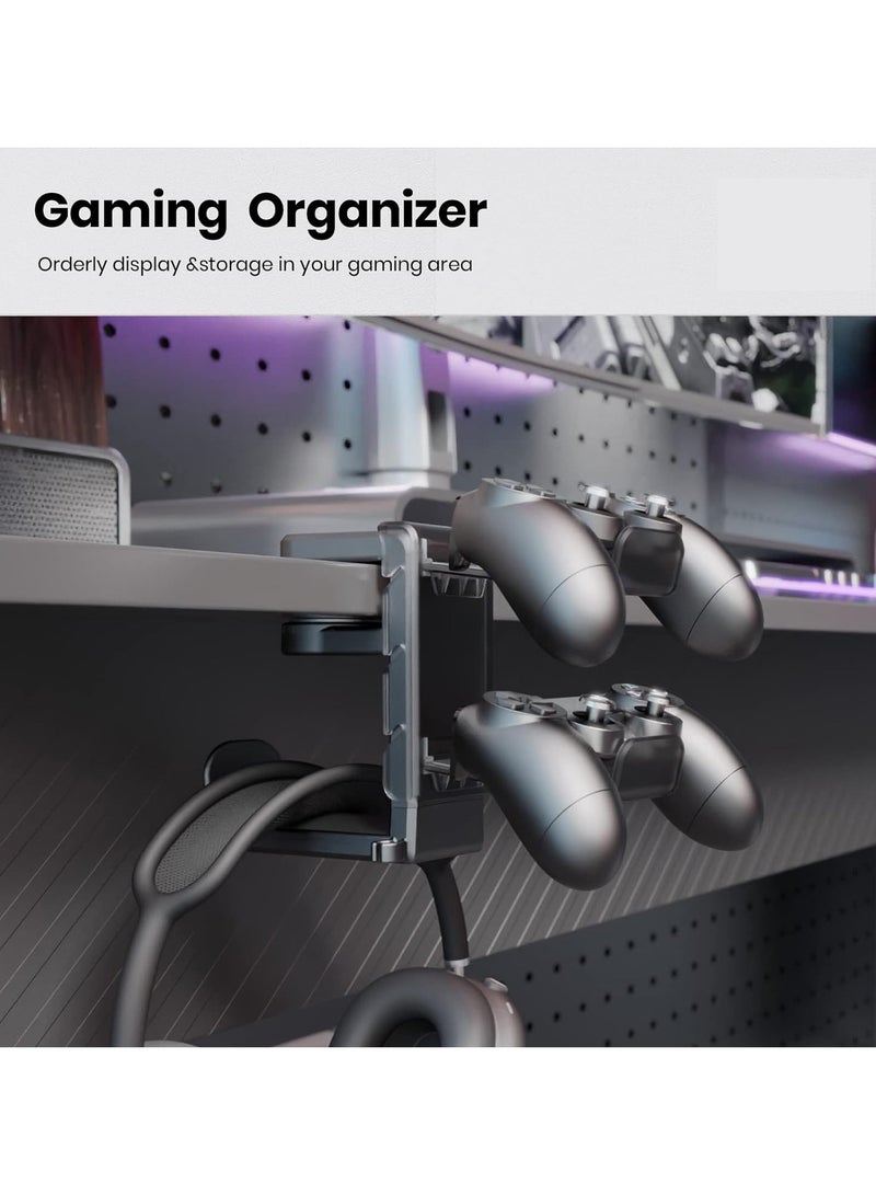 Headphone Stand, 3 in 1 Gaming Headphone  Controller Holder, Adjustable Clamp Headphone Stand Under Desk, with 2 Controller Holder, Rotating Arm  Cable Organizer, PC Gaming Accessory Holder (Black) - Image 2