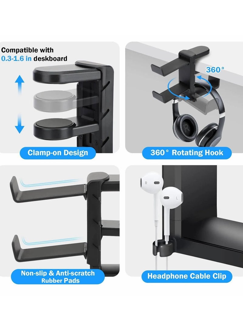 Headphone Stand, 3 in 1 Gaming Headphone  Controller Holder, Adjustable Clamp Headphone Stand Under Desk, with 2 Controller Holder, Rotating Arm  Cable Organizer, PC Gaming Accessory Holder (Black) - Image 4