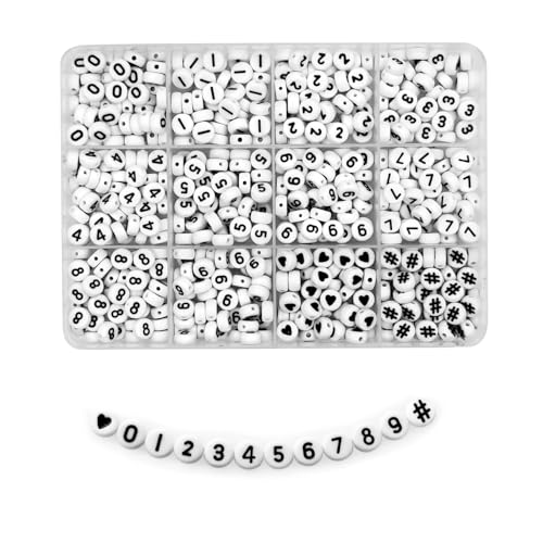 Looconi Amaney 600pcs Number Beads 0-9 Symbol # Heart Beads 7x4mm White Acrylic Beads with Storage Box - Image 1