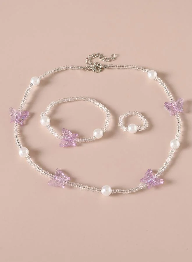 Take Two Take Two 3pcs Girl's Butterfly Decor Beaded Necklace Bracelet and Ring Set