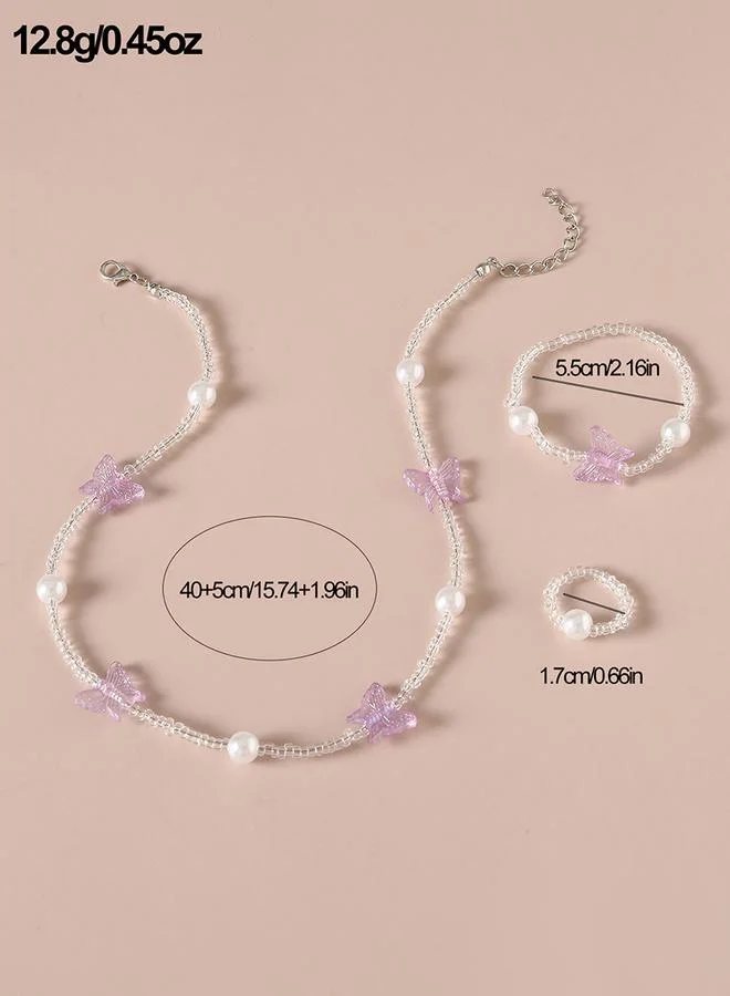 Take Two  Take Two 3pcs Girl's Butterfly Decor Beaded Necklace Bracelet and Ring Set for Women | Best Price UAE