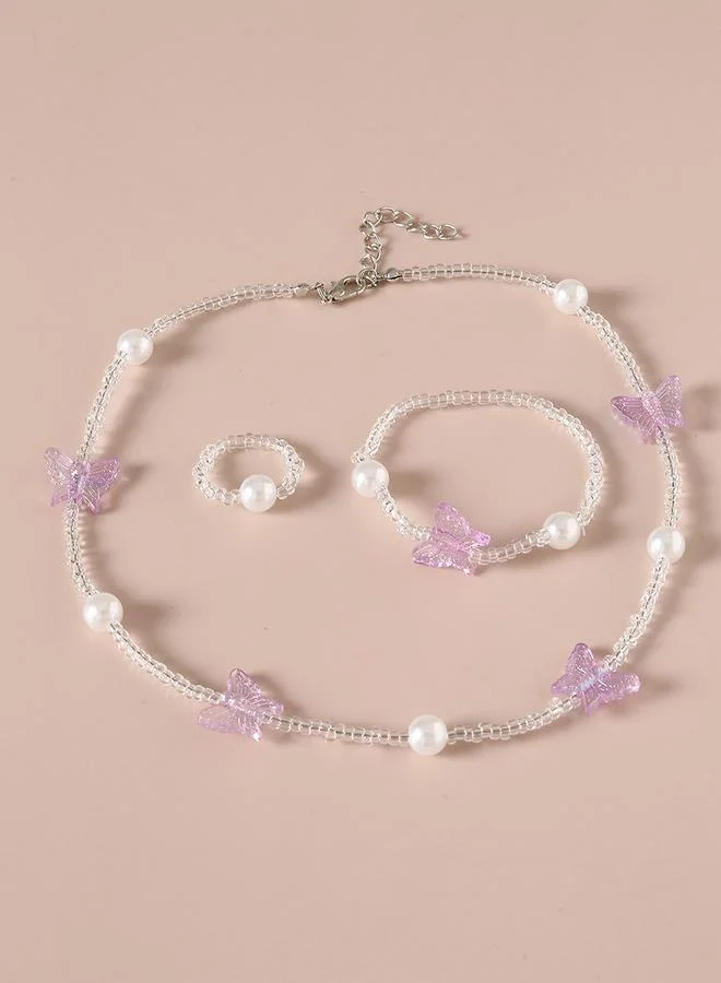 Take Two  Take Two 3pcs Girl's Butterfly Decor Beaded Necklace Bracelet and Ring Set for Women | Best Price UAE
