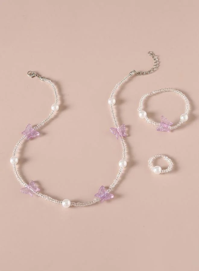 Take Two Take Two 3pcs Girl's Butterfly Decor Beaded Necklace Bracelet and Ring Set
