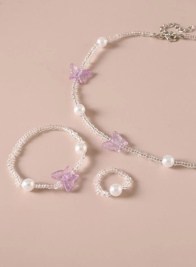 Take Two  Take Two 3pcs Girl's Butterfly Decor Beaded Necklace Bracelet and Ring Set for Women | Best Price UAE